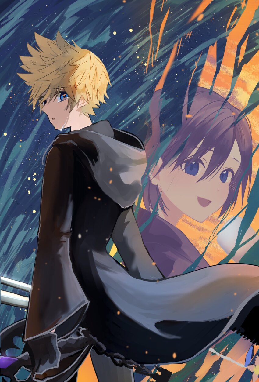 1boy 1girl black_coat_(kingdom_hearts) black_gloves black_hair blonde_hair blue_eyes crying crying_with_eyes_open food gloves highres holding hood ice_cream_bar jacket kawame626 keyblade kingdom_hearts kingdom_hearts_358/2_days male_focus open_mouth organization_xiii roxas short_hair smile spiked_hair tears xion_(kingdom_hearts)