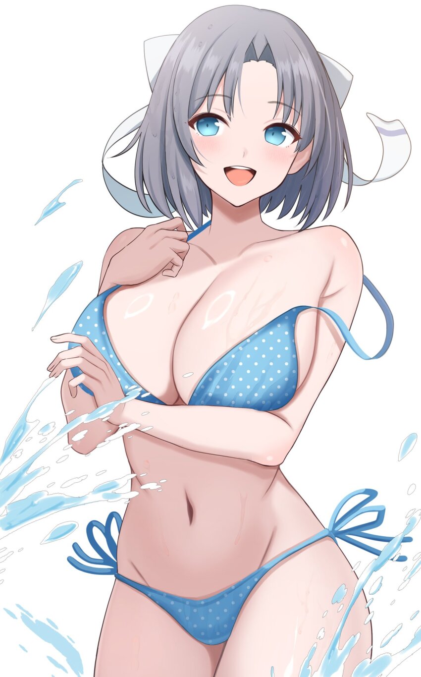 1girl bikini blue_bikini blue_eyes blush bow breasts cleavage grey_hair hair_bow highres large_breasts linea_alba navel open_mouth polka_dot polka_dot_bikini senran_kagura shiny_skin simple_background smile splashing surippa1010 swimsuit undone_bikini wet white_background white_bow yumi_(senran_kagura)