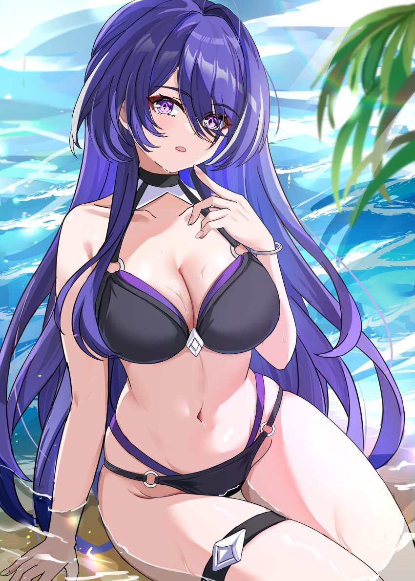 1girl absurdres acheron_(honkai:_star_rail) alternate_costume bare_shoulders bikini black_bikini breasts cleavage collarbone commentary_request eyes_visible_through_hair groin hair_over_one_eye halterneck highres honkai:_star_rail honkai_(series) large_breasts long_hair looking_at_viewer multicolored_hair navel ocean open_mouth parika partially_submerged purple_eyes purple_hair sitting solo stomach streaked_hair swimsuit thigh_strap very_long_hair wet