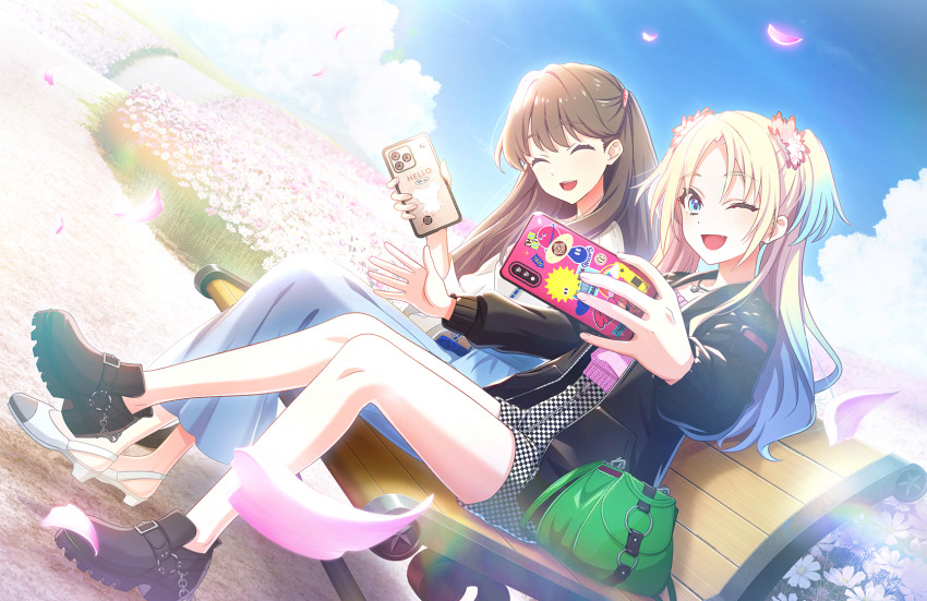 2girls ;d ^^^ bench black_footwear black_jacket blonde_hair blue_eyes blue_hair blue_skirt blue_sky brown_hair cellphone checkered_clothes checkered_shorts dutch_angle falling_petals fang flower fujishima_megumi fujishima_megumi_(summer_casual) game_cg gradient_hair green_bag hair_flower hair_ornament high-waist_shorts highres holding holding_phone iphone iphone_11_pro jacket jewelry leather leather_jacket leg_up light_blue_hair link!_like!_love_live! long_hair long_skirt long_sleeves looking_at_another love_live! mira-cra_park! multicolored_hair multiple_girls necklace official_art on_bench one_eye_closed open_clothes open_jacket open_mouth osawa_rurino osawa_rurino_(summer_casual) park_bench parted_bangs petals phone pink_flower pink_skirt sandals selfie shirt shoes shorts sitting skirt sky sleeves_past_elbows smartphone smile taking_picture third-party_source twintails two_side_up virtual_youtuber white_flower white_footwear white_shirt wooden_bench