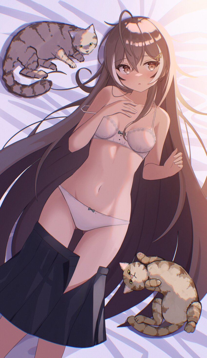 1girl ahoge averting_eyes bare_arms bare_legs bare_shoulders black_skirt blush bow bow_bra bow_panties bra bra_slip breasts brown_eyes brown_hair cat clothes_pull collarbone colored_inner_hair double-parted_bangs foot_out_of_frame groin hair_ornament hair_over_shoulder hand_on_own_chest highres hololive hololive_english kawaiipony2 lace lace-trimmed_bra lace_trim letter_hair_ornament long_hair lying multicolored_hair nanashi_mumei navel on_bed panties parted_lips partially_undressed skirt skirt_pull small_breasts solo spaghetti_strap streaked_hair underwear very_long_hair virtual_youtuber white_bra white_panties white_streaks