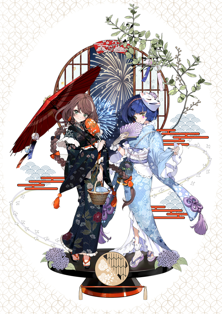 2girls aerial_fireworks aru_(sinsekai) asu_(sinsekai) basket birdcage black_bow blue_hair blue_kimono blue_nails bow braid brown_hair cage commentary_request egasumi fireworks floral_print floral_print_kimono folding_fan fox_mask full_body green_eyes hair_bow hand_fan highres holding holding_basket holding_fan holding_umbrella japanese_clothes kimono mask mask_on_head multicolored_hair multiple_girls multiple_hair_bows nail_polish no_socks oil-paper_umbrella orange_bow paper_fan print_kimono red_nails sandals seigaiha senizodesu sinsekai_studio socks standing streaked_hair tassel toeless_socks toenail_polish toenails uchiwa umbrella virtual_youtuber white_socks wind_chime yellow_eyes zouri