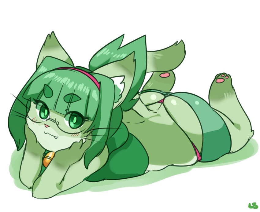 0lightsource 1girl :3 animal_ears animal_feet animal_hands animal_nose ass bad_id bad_pixiv_id bell blunt_bangs borrowed_character butt_crack cat_ears cat_girl cat_tail fang furry furry_female glasses green_eyes green_fur green_hair highres jingle_bell looking_at_viewer lying midori_(nakagami_takashi) on_stomach original pawpads petite short_hair shortstack simple_background smile solo tail thong topknot whale_tail_(clothing) white_background