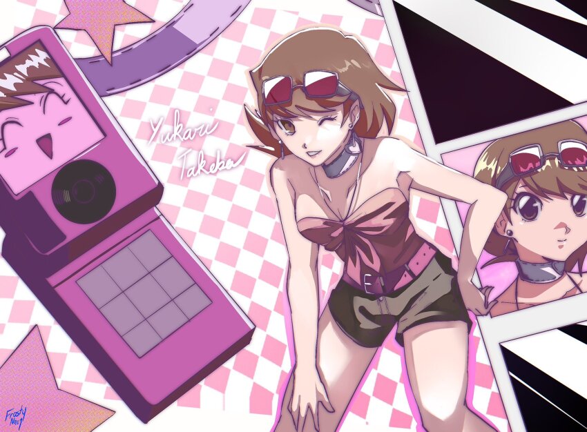 1girl alternate_costume bare_arms bare_legs bare_shoulders belt belt_buckle black_shorts breasts brown_eyes brown_hair buckle cellphone character_name checkered_background choker collarbone commentary earrings eyewear_on_head feet_out_of_frame flip_phone flipped_hair frosty_neo1 heart heart_choker highres jewelry leaning_forward looking_at_viewer medium_hair multiple_views one_eye_closed parted_lips persona persona_3 phone pink-tinted_eyewear pink_belt pink_shirt pink_theme shirt shorts smile star_(symbol) strapless strapless_shirt sunglasses takeba_yukari tinted_eyewear white_choker