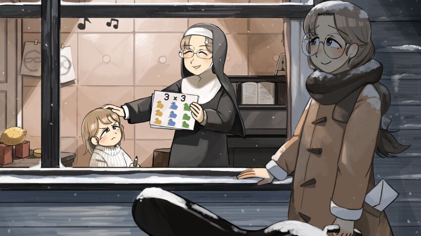 3girls aged_down aunt_and_niece bird blue_eyes brown_coat brown_hair chicken coat commentary diva_(hyxpk) english_commentary food fruit glasses glasses_nun&#039;s_aunt_(diva) glasses_nun&#039;s_mother_(diva) glasses_nun_(diva) habit highres instrument instrument_case lemon letter little_nuns_(diva) long_hair metronome mother_and_daughter multiple_girls nun piano round_eyewear short_hair siblings sisters snow sweater traditional_nun white_sweater