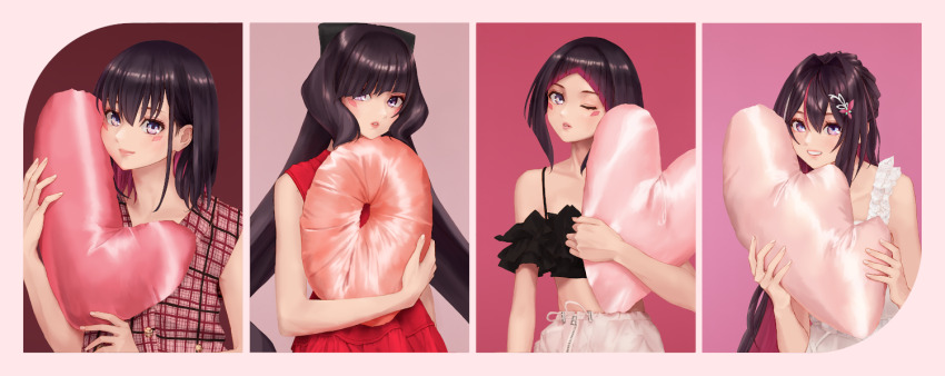 1girl alternate_costume arched_bangs azki_(1st_costume)_(hololive) azki_(2nd_costume)_(hololive) azki_(3rd_costume)_(hololive) azki_(4th_costume)_(hololive) azki_(hololive) balloon bare_shoulders black_hair black_shirt blouse bob_cut brown_hair buttons choppy_bangs closed_mouth colored_bangs colored_inner_hair column_lineup commentary_request crop_top diagonal_bangs double-parted_bangs dress facial_mark fingernails frilled_dress frilled_straps frills grin hair_between_eyes hair_ornament hairclip half_up_braid holding holding_balloon hololive inverted_bob letter_balloon light_smile lips long_hair looking_at_viewer low_twintails makino_hazuki_(s001_hazuki) mark_under_both_eyes medium_hair mole mole_under_eye multicolored_hair multiple_views off-shoulder_shirt off_shoulder official_alternate_hairstyle one_eye_closed pants parted_lips pink_background pink_hair pink_lips pink_shirt plaid_clothes plaid_shirt purple_eyes red_background red_dress shirt short_hair short_sleeves sidelocks simple_background sleeveless sleeveless_dress smile spaghetti_strap streaked_hair twintails upper_body very_long_hair virtual_youtuber white_dress white_hair white_pants