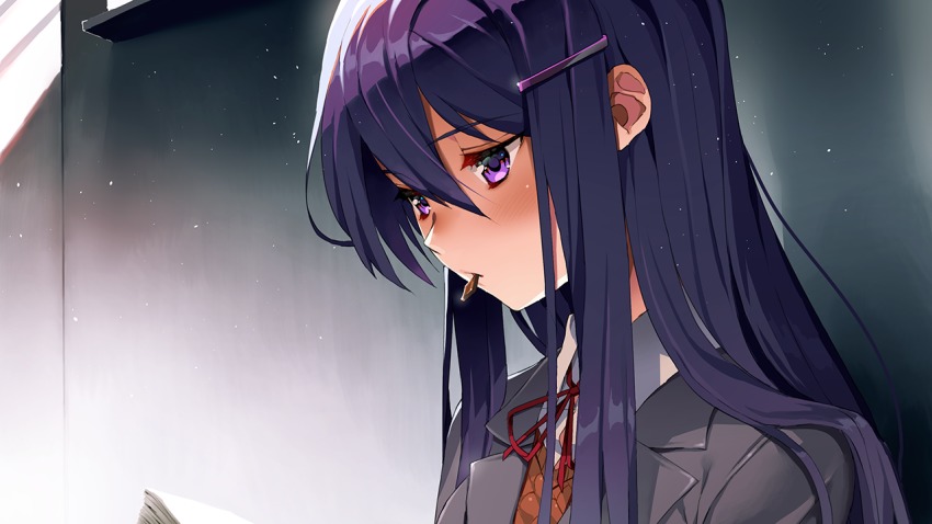 1girl blouse blush book chocolate chocolate_in_mouth collared_shirt doki_doki_literature_club food game_cg hair_ornament hairclip light_particles matching_hair/eyes neck_ribbon official_art purple_eyes purple_hair reading red_ribbon ribbon satchely school_uniform shirt tagme white_shirt yuri_(doki_doki_literature_club)