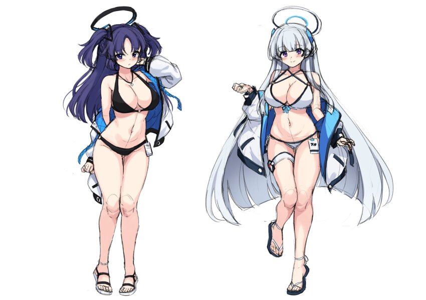 2girls alternate_costume bikini black_bikini blue_archive blue_eyes blue_hair breasts grey_hair headgear highres jacket large_breasts long_hair looking_at_viewer multiple_girls navel nene_(atsushi_hamano) noa_(blue_archive) purple_eyes sketch smile swimsuit twintails unfinished white_bikini white_jacket yuuka_(blue_archive)