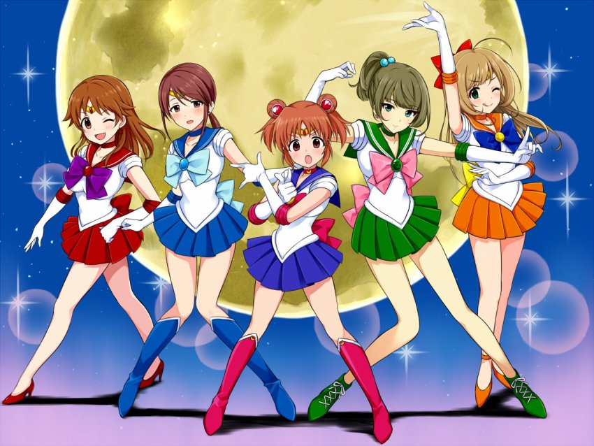 5girls :d abe_nana ahoge bishoujo_senshi_sailor_moon bow choker cosplay double_bun full_moon hair_bobbles hair_bun hair_ornament idolmaster idolmaster_cinderella_girls katagiri_sanae mifune_miyu miniskirt mole mole_under_eye moon multiple_girls one_eye_closed open_mouth ponytail q-v_(levia) sailor_collar sailor_jupiter sailor_jupiter_(cosplay) sailor_mars sailor_mars_(cosplay) sailor_mercury sailor_mercury_(cosplay) sailor_moon sailor_moon_(cosplay) sailor_venus sailor_venus_(cosplay) sato_shin skirt smile sparkle_background takagaki_kaede tiara tsuki_ni_kawatte_oshioki_yo twintails yoi_otome