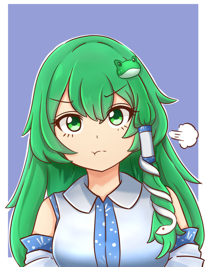 1girl :t absurdres bare_shoulders blue_background border breasts collared_shirt cyczen detached_sleeves frog_hair_ornament green_eyes green_hair hair_between_eyes hair_ornament hair_tubes highres kochiya_sanae long_hair looking_at_viewer medium_breasts outline outside_border pout shirt sidelocks simple_background snake_hair_ornament solo touhou upper_body v-shaped_eyebrows white_border white_outline white_shirt