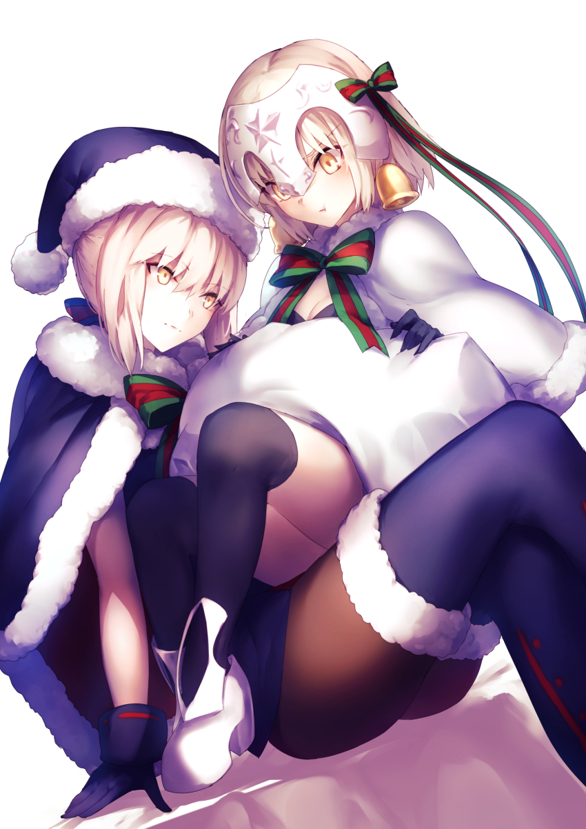 &gt;:t 2girls :t arm_at_side arm_support artoria_pendragon_(all) artoria_pendragon_(fate) bell black_dress black_footwear black_gloves black_santa_costume blonde_hair blush boots bow bowtie breasts brown_legwear cape capelet cleavage closed_mouth crossed_legs dress dutch_angle fate/grand_order fate_(series) fur-trimmed_boots fur-trimmed_cape fur_trim genyaky gloves hair_bow hair_ribbon hat head_tilt headpiece high_heels highres jeanne_d&#039;arc_(fate) jeanne_d&#039;arc_(ruler)_(fate) jeanne_d&#039;arc_alter_(fate) jeanne_d&#039;arc_alter_santa_lily_(fate) looking_at_another looking_at_viewer looking_down multiple_girls over-kneehighs pantyhose pom_pom_(clothes) pout ribbon saber_(fate) saber_alter sack santa_alter santa_costume santa_hat short_hair sidelocks simple_background sitting sitting_on_lap sitting_on_person small_breasts thigh_boots thighhighs v-shaped_eyebrows white_background yellow_eyes