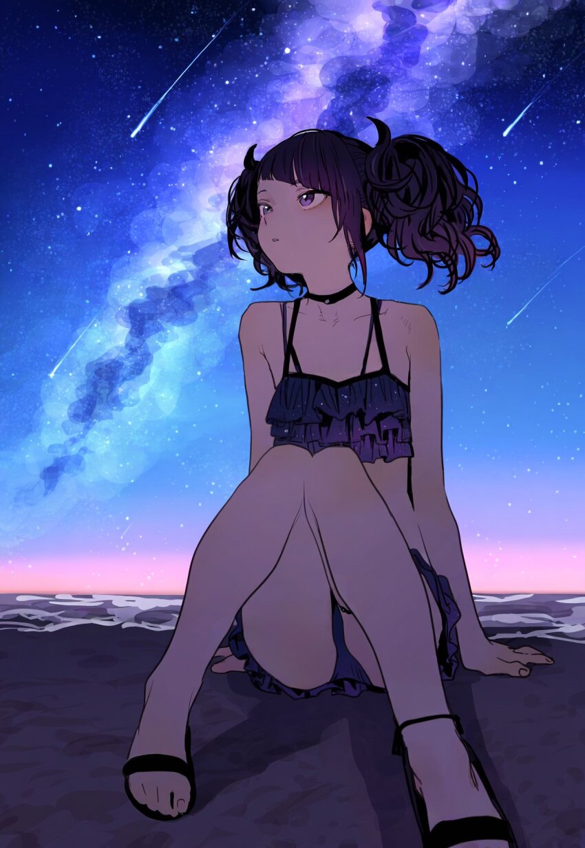 1girl beach bikini bikini_skirt breasts choker collarbone comet diagonal_bangs highres idolmaster idolmaster_shiny_colors legs night panties purple_eyes purple_hair sandals sitting sky small_breasts solo star_(sky) starry_sky swimsuit tanaka_mamimi tencarcyan thighs twintails underwear