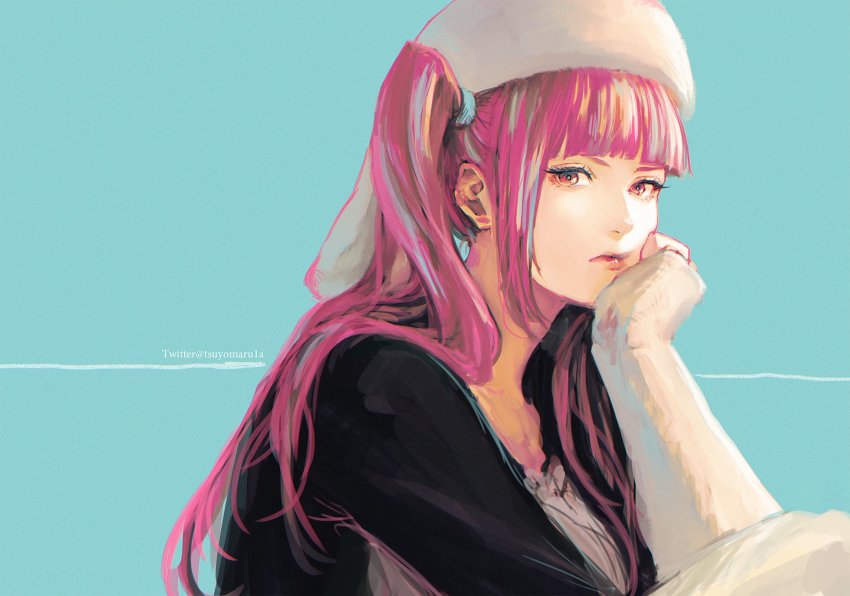 1girl arm_support artist_request bleach blue_background breasts dokugamine_riruka dress hat highres lips long_hair looking_at_viewer pink_eyes pink_hair simple_background solo twintails upper_body white_hat