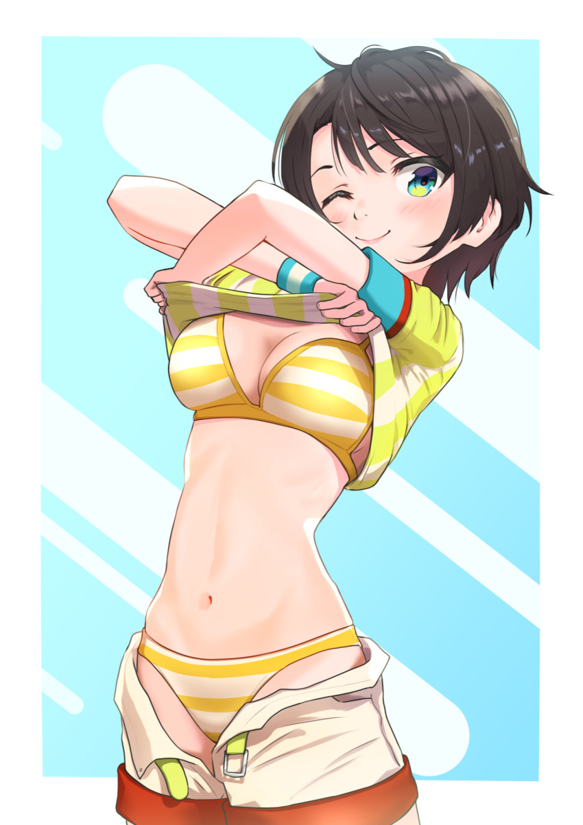 1girl bikini bikini_under_clothes blue_eyes brown_hair clothes_lift commentary_request cowboy_shot highres hololive lifting_own_clothes looking_at_viewer one_eye_closed oozora_subaru oozora_subaru_(1st_costume) oozora_subaru_(hololive_summer_2019) open_fly shirt shirt_lift short_hair shorts solo striped_bikini striped_clothes swept_bangs swimsuit swimsuit_under_clothes taachika undressing virtual_youtuber white_shorts wristband yellow_bikini yellow_shirt