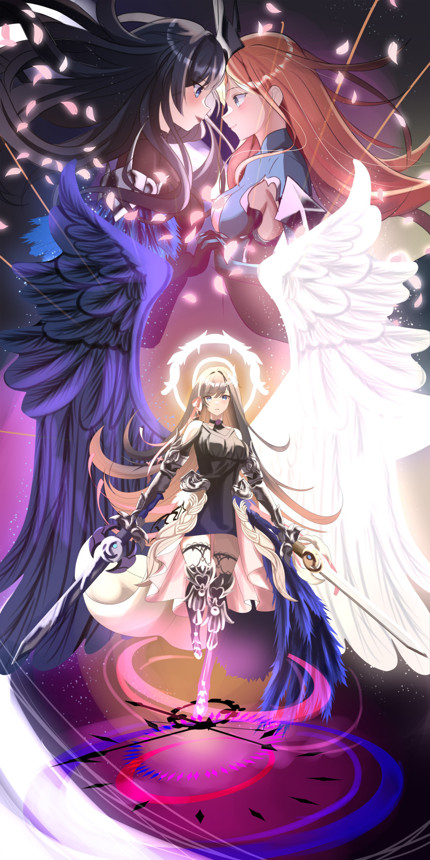 3girls absurdres asymmetrical_wings black_dress black_feathers black_hair brown_hair cherry_blossoms dress dual_wielding feathered_wings feathers final_fantasy final_fantasy_xiv fusion gaia_(ff14) glowing halo highres holding holding_hands holding_sword holding_weapon interlocked_fingers long_hair looking_at_viewer mmomentliveart multicolored_hair multiple_girls pandora_(ff14) ryne_waters sword very_long_hair weapon white_feathers wings yuri