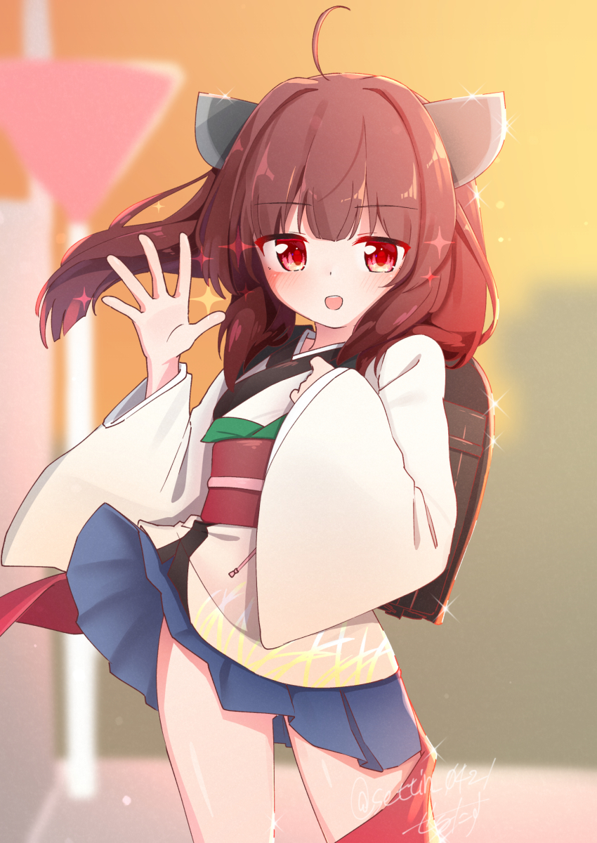 1girl ahoge backpack bag blush brown_hair headgear highres japanese_clothes kimono looking_at_viewer open_mouth randoseru red_eyes sechin signature skirt solo sparkle touhoku_kiritan voiceroid yukata