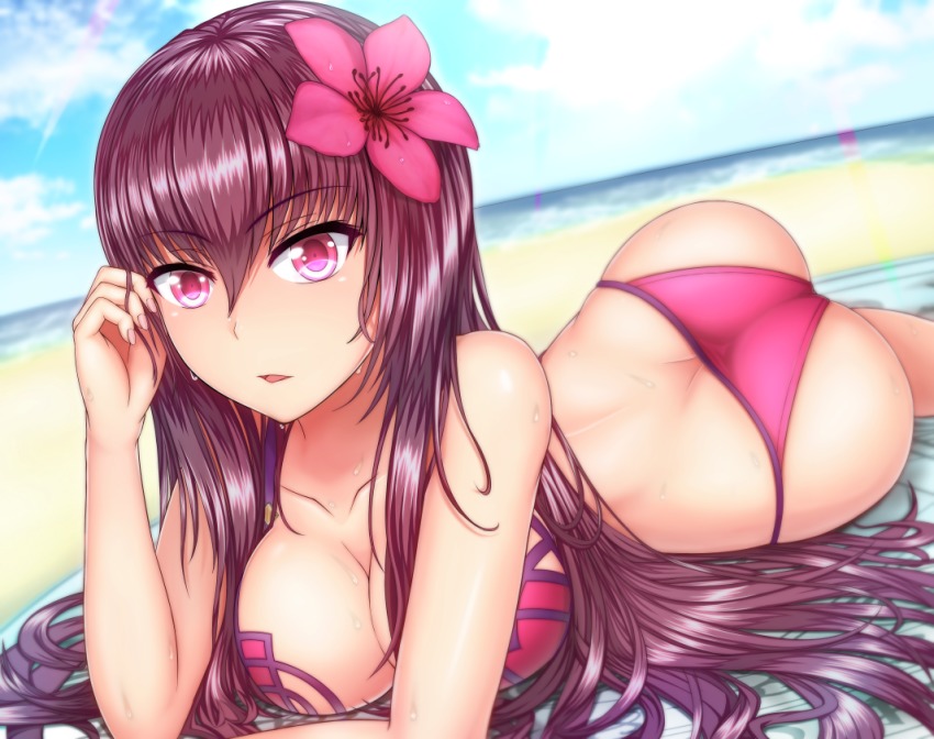 1girl ass back bare_shoulders beach bikini blanket bra breasts butt_crack cleavage fate/grand_order fate_(series) female_focus flower hair_flower hair_ornament large_breasts long_hair looking_at_viewer lying okuriyuku on_stomach panties parted_lips purple_hair red_eyes scathach_(fate) shiny_skin solo swimsuit underwear very_long_hair wet