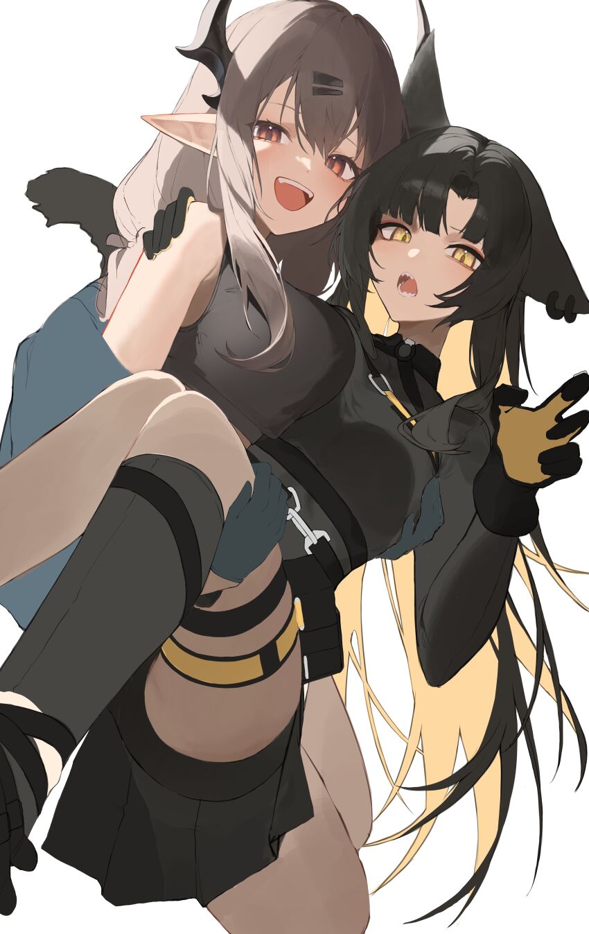 2girls absurdres animal_ears bare_shoulders black_gloves black_hair black_shirt black_shorts breasts brown_hair carrying carrying_person cat_ears colored_inner_hair commentary_request commission crop_top cropped_legs demon_horns gloves hair_ornament hairclip hand_on_another&#039;s_shoulder highres horns khremz&#039;s_character kneehighs korean_commentary large_breasts long_hair long_sleeves looking_at_viewer multicolored_hair multiple_girls open_mouth original parted_bangs pleated_skirt pointy_ears red_eyes s2rid second-party_source sharp_teeth shirt short_shorts shorts simple_background single_kneehigh single_sock skirt skort sleeveless sleeveless_shirt slit_pupils smile socks teeth thigh_strap thighs two-tone_gloves two-tone_hair very_long_hair white_background yellow_eyes