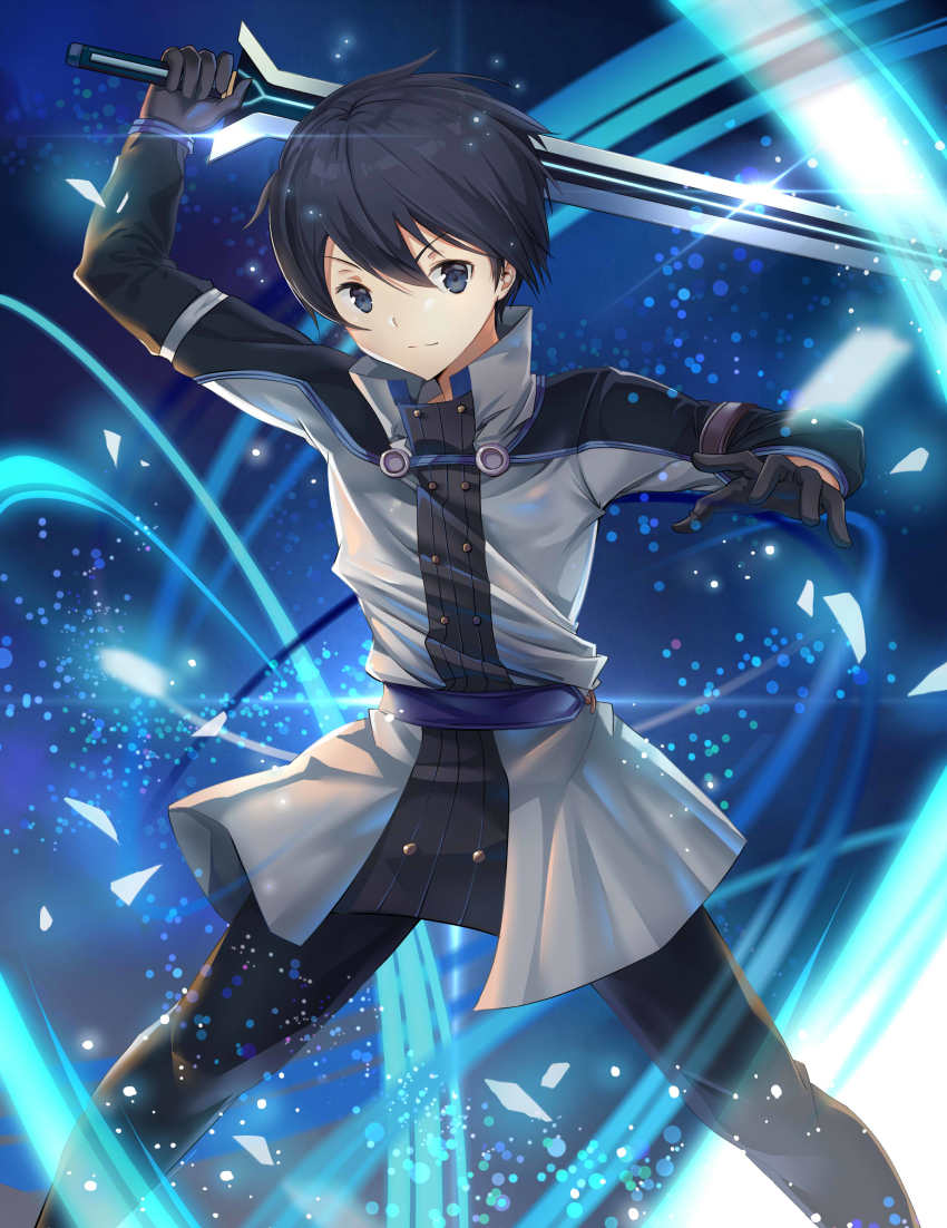 1boy absurdres arm_up bad_id bad_pixiv_id belt black_eyes black_gloves black_hair black_pants blue_background blue_belt closed_mouth commentary_request diffraction_spikes fighting_stance glint gloves grey_jacket hair_between_eyes hand_up high_collar highres holding holding_sword holding_weapon jacket kirito legs_apart light_particles long_sleeves looking_at_viewer male_focus pants solo standing sword sword_art_online sword_art_online_the_movie:_ordinal_scale taro_(ultrataro) weapon wind