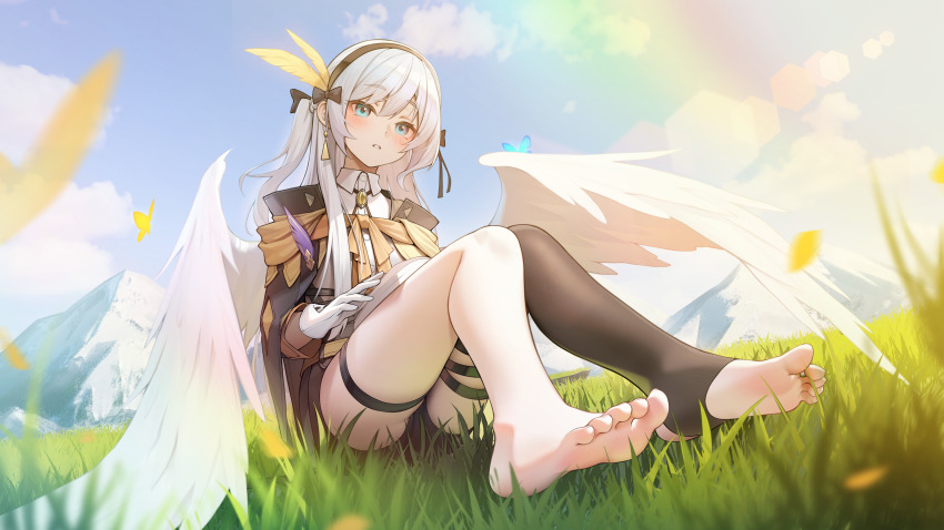 1girl absurdres angel_wings barefoot blue_eyes blush book book_on_lap feet grass hairband highres long_hair looking_at_viewer original parted_lips soles stirrup_legwear toeless_legwear toes white_hair wings zhenli-mari