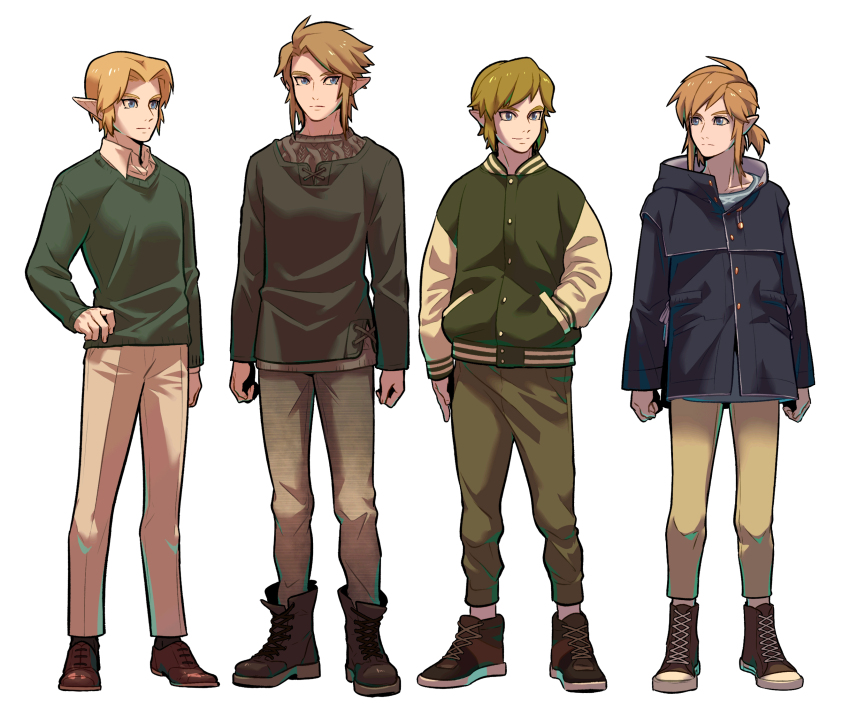 4boys blonde_hair blue_eyes blue_jacket blue_shirt boots brown_footwear brown_hair brown_pants closed_mouth collared_shirt commentary_request crew_neck cross-laced_footwear green_sweater green_tunic hair_behind_ear hair_intakes hand_in_pocket hand_on_own_hip highres jacket korean_commentary layered_clothes letterman_jacket link long_sleeves looking_ahead looking_to_the_side male_focus multicolored_clothes multicolored_jacket multiple_boys nintendo pants pointy_ears ponytail redlhzz shirt short_ponytail side-by-side simple_background smile standing sweater the_legend_of_zelda the_legend_of_zelda:_breath_of_the_wild the_legend_of_zelda:_ocarina_of_time the_legend_of_zelda:_skyward_sword the_legend_of_zelda:_twilight_princess thick_eyebrows tunic white_background white_shirt wing_collar