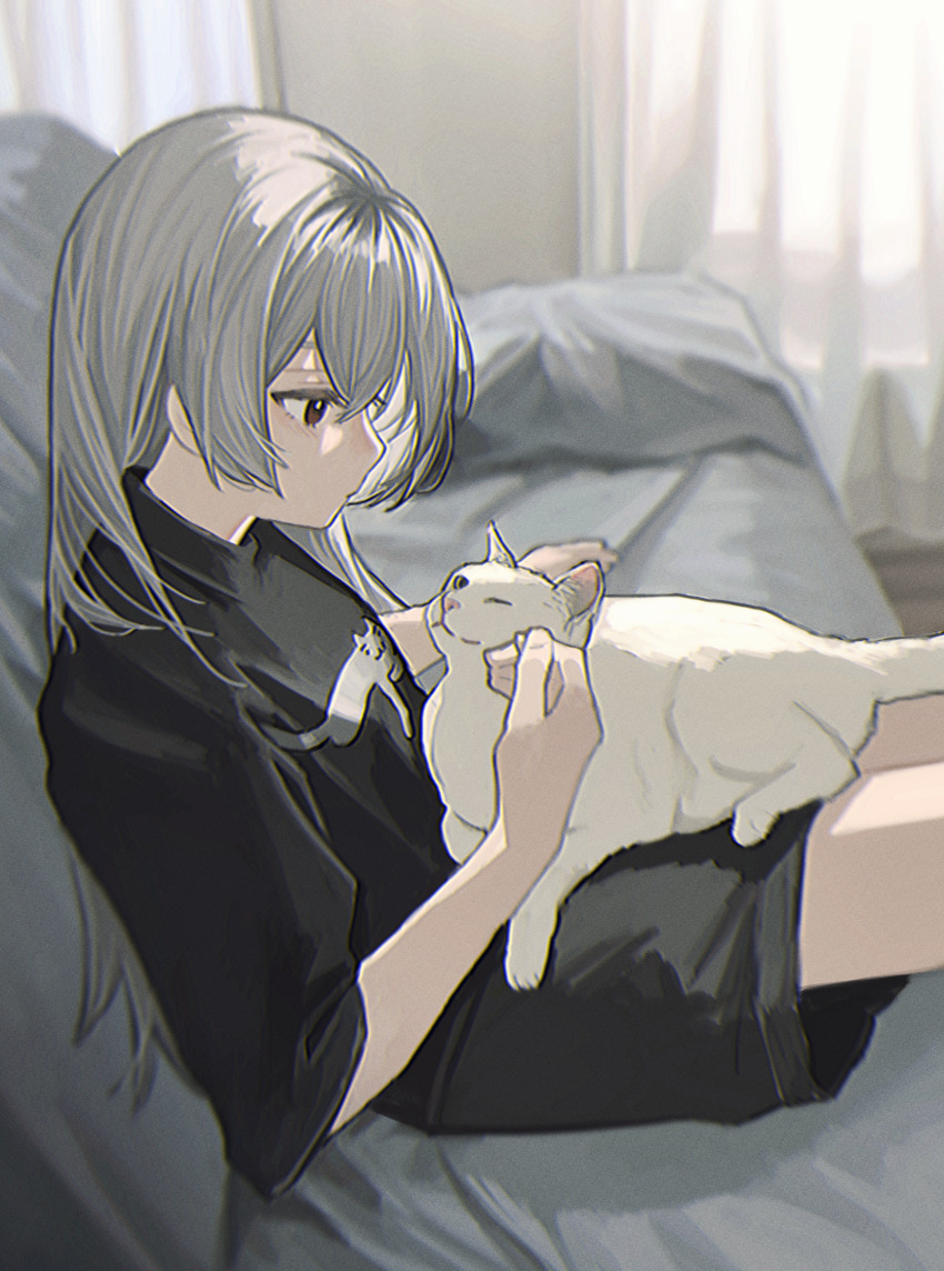 1girl animal animal_on_lap black_shirt brown_eyes cat cat_on_lap couch from_side girls_made_pudding grey_hair highres indoors long_hair on_couch on_lap oversized_clothes oversized_shirt shirt short_sleeves sitting solo sumibi_(girls_made_pudding) t-shirt white_cat zumochi