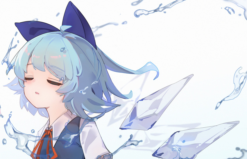 1girl absurdres blue_bow blue_hair bow cirno cirno_day closed_eyes collar commentary gradient_background guming_diban hair_bow half_updo highres ice ice_wings parted_lips red_ribbon ribbon short_hair short_sleeves solo touhou upper_body water water_drop wings