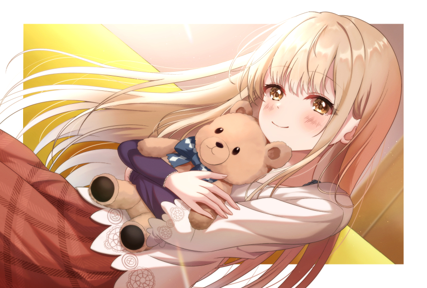 1girl blonde_hair blush brown_skirt closed_mouth highres hugging_doll hugging_object long_hair long_sleeves otonari_no_tenshi-sama_ni_itsu_no_mani_ka_dame_ningen_ni_sarete_ita_ken plaid_clothes plaid_skirt sa07_drawing shiina_mahiru_(otonari_no_tenshi-sama) shirt skirt solo stuffed_animal stuffed_toy teddy_bear white_shirt yellow_eyes