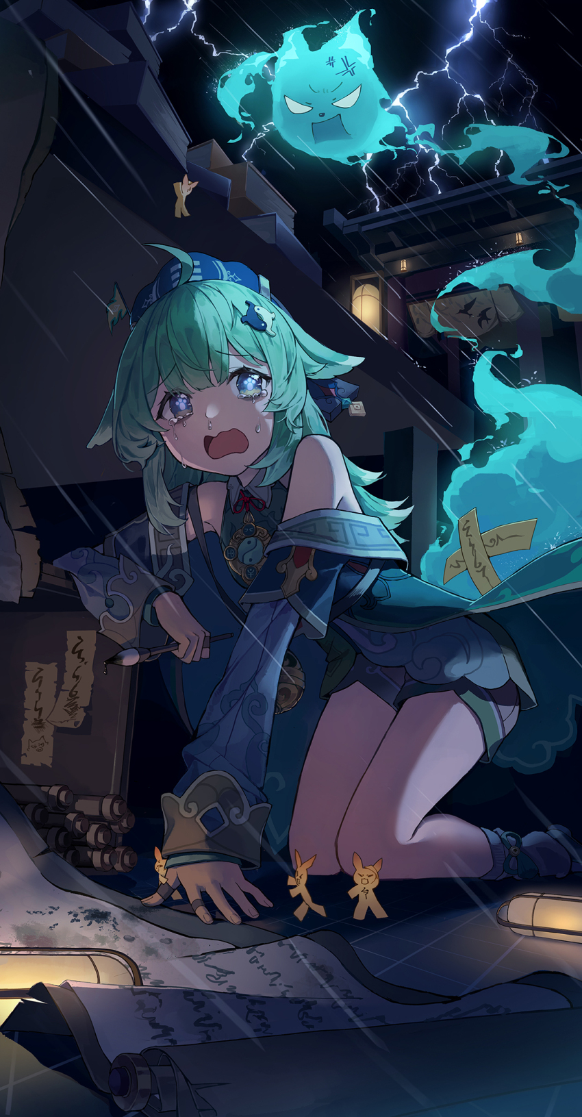 1girl ahoge anger_vein animal_ears bare_shoulders brown_shorts calligraphy_brush crying crying_with_eyes_open facing_viewer fiery_tail fox_ears fox_girl fox_tail full_body green_eyes green_hair hand_on_floor hand_up hat highres holding holding_calligraphy_brush holding_paintbrush honkai:_star_rail honkai_(series) huohuo_(honkai:_star_rail) lamp leg_warmers long_hair long_sleeves looking_to_the_side night night_sky open_mouth outdoors paintbrush paper_doll paw-shaped_pupils rain scroll shirt shorts sky symbol-shaped_pupils tail tail_(honkai:_star_rail) talisman tears tem thunder white_leg_warmers yin_yang_hair_ornament