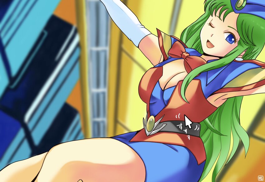 1girl alternate_costume armpits arms_up blue_eyes breasts gloves green_hair highres kirishima_reika large_breasts legs long_hair looking_at_viewer okobore_de_shou one_eye_closed open_mouth skirt smile solo thighs time_gal