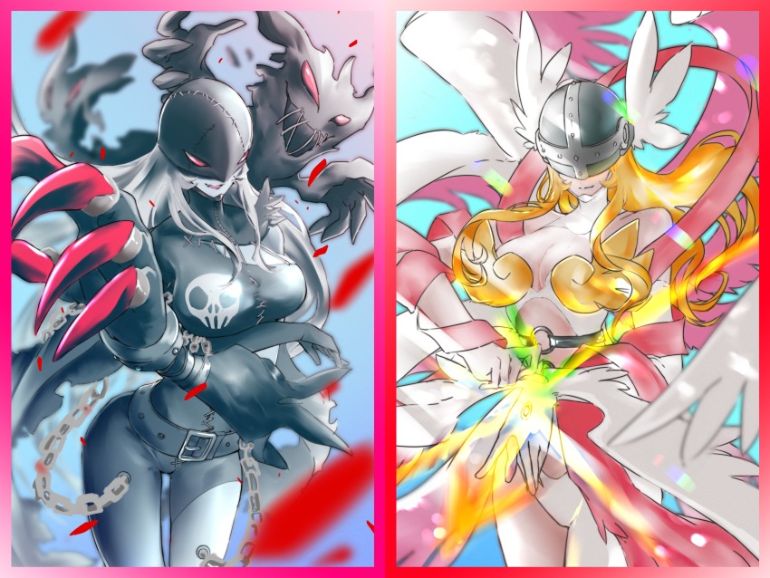 2girls absurdres angel angel_and_devil angewomon breasts demon digimon fallen_angel highres jiyuuya ladydevimon large_breasts mask multiple_girls red_eyes wide_hips wings