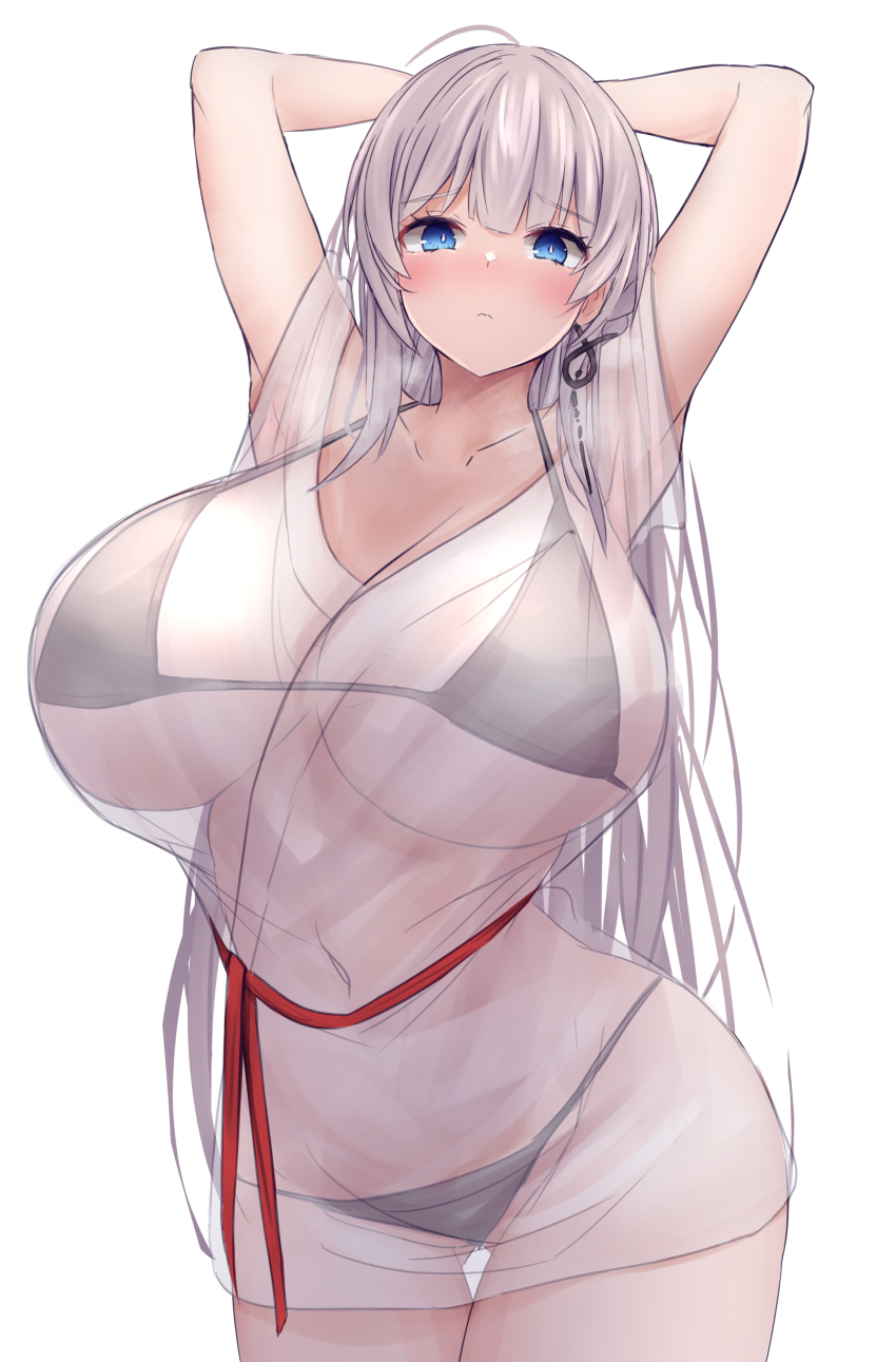 1girl absurdres arms_behind_head azur_lane bikini black_bikini blue_eyes blush breasts cleavage closed_mouth collarbone cowboy_shot curvy earrings grey_hair highres huge_breasts jewelry long_hair looking_at_viewer mainz_(azur_lane) mainz_(the_silkiest_brew)_(azur_lane) navel see-through_clothes single_earring solo standing string string_of_fate swimsuit swimsuit_under_clothes thick_thighs thighs white_background wide_hips yuuki_shuri