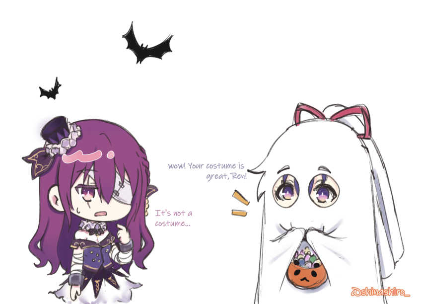 2girls costume date_a_live english_text ghost_costume hat long_hair multiple_girls pumpkin purple_eyes purple_hair ren(date_a_live) ribbon shinashiro yatogami_tohka