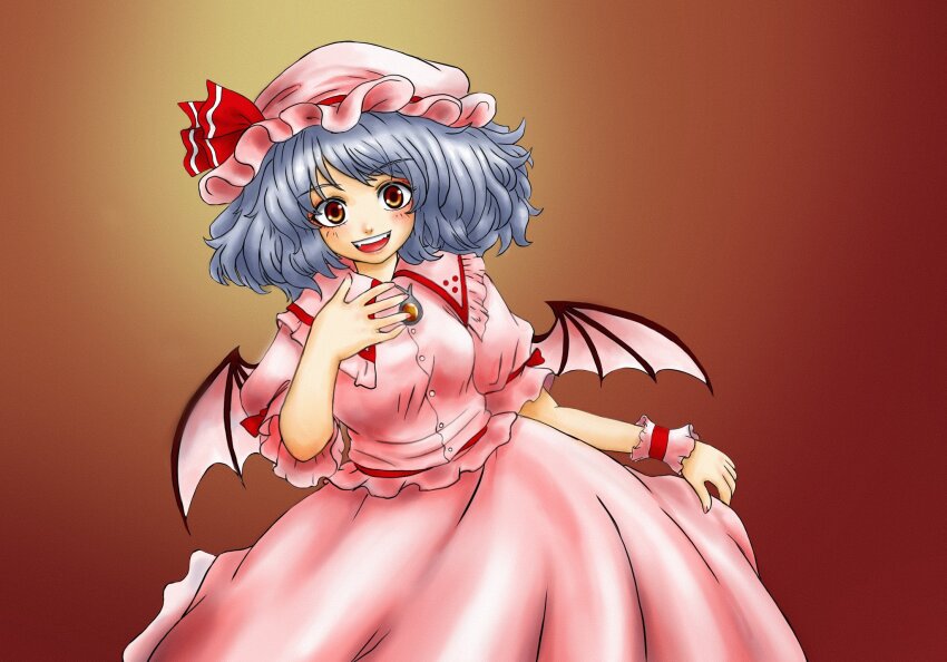 1girl :d bat_wings blush brown_background commentary english_commentary gradient_background grey_hair hat hat_ribbon highres karasutomo looking_at_viewer mob_cap open_mouth pink_hat pink_shirt pink_skirt red_eyes red_ribbon remilia_scarlet ribbon shirt short_hair skirt smile solo touhou wings wrist_cuffs