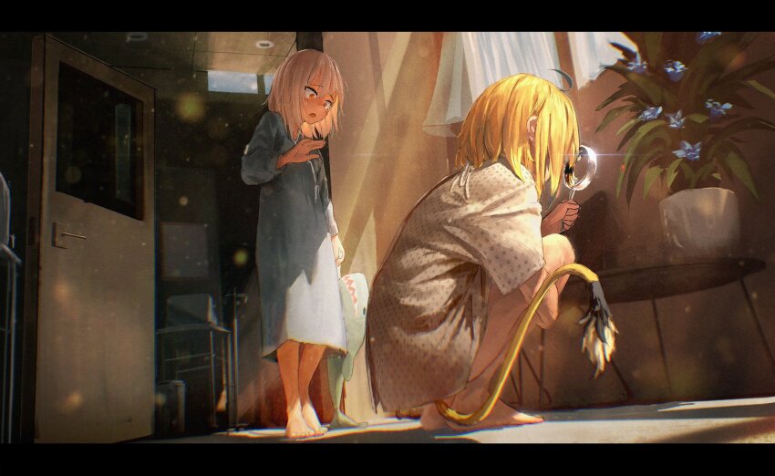 2girls barefoot blonde_hair blue_flower commentary curtains dooby_(vtuber) door english_commentary feet flower full_body gawr_gura highres holding holding_magnifying_glass holding_stuffed_toy hololive hololive_english hospital hospital_gown ikea_shark indie_virtual_youtuber indoors kokono_ka letterboxed light_particles long_hair magnifying_glass multiple_girls plant potted_plant red_eyes short_hair squatting stuffed_animal stuffed_shark stuffed_toy tearing_up toes virtual_youtuber watson_amelia white_hair window