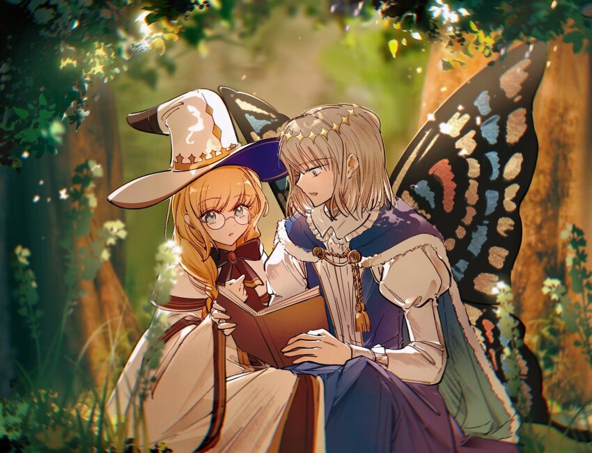 1boy 1girl aesc_(fate) aesc_(rain_witch)_(fate) arthropod_boy artist_request black_bow blonde_hair blue_cloak blue_eyes blurry book bow braid butterfly_wings cloak commission crown depth_of_field diamond_hairband fate/grand_order fate_(series) fur-trimmed_cloak fur_trim glasses hat highres holding holding_book insect_wings long_hair long_sleeves medium_hair oberon_(fate) oberon_(first_ascension)_(fate) open_mouth outdoors plant robe round_eyewear second-party_source shirt tree white_hat white_robe white_shirt wide_brim wide_sleeves wings witch_hat