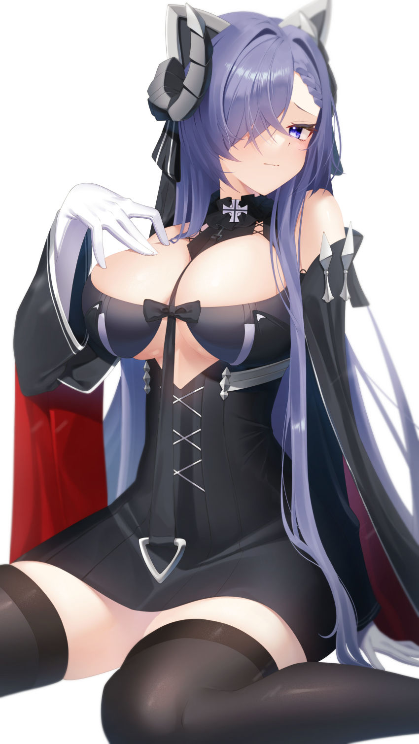 1girl absurdres august_von_parseval_(azur_lane) azur_lane bare_shoulders black_cape black_dress black_thighhighs breasts cape curled_horns dress gloves hair_over_one_eye hand_on_own_chest highres horns large_breasts long_hair looking_at_viewer mechanical_horns microdress purple_eyes purple_hair seele0907 simple_background solo thighhighs very_long_hair white_background white_gloves zettai_ryouiki