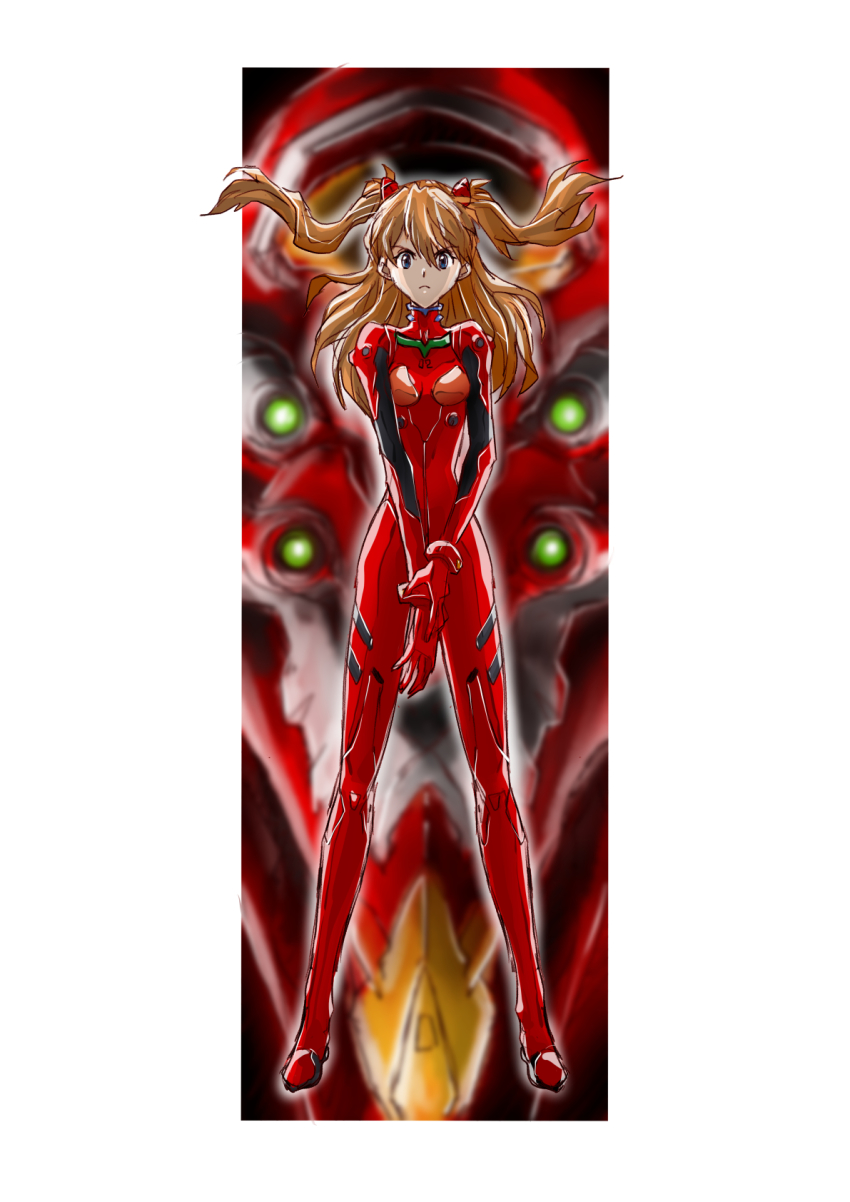 1girl blue_eyes bodysuit breasts brown_hair eva_02 extra_eyes floating_hair gloves green_eyes highres long_hair looking_at_viewer mecha mecha_pilot_suit neon_genesis_evangelion plugsuit red_bodysuit red_gloves robot science_fiction sketch small_breasts solo souryuu_asuka_langley taiga_hiroyuki two_side_up v-shaped_eyebrows