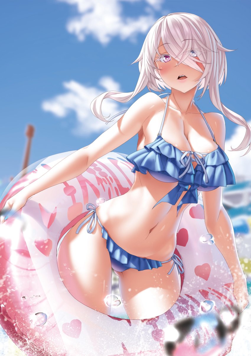 1girl absurdres bikini blue_bikini blue_eyes blue_sky blurry blurry_background blush breasts bright_pupils character_request cleavage colored_eyelashes contrapposto cowboy_shot day depth_of_field frilled_bikini frills gluteal_fold hair_over_one_eye halterneck heterochromia highres innertube kannatsuki_noboru large_breasts lips magical_explorer nail_polish navel novel_illustration official_art open_mouth outdoors pink_eyes short_hair_with_long_locks side-tie_bikini_bottom sidelocks sky solo swim_ring swimsuit water_drop white_hair