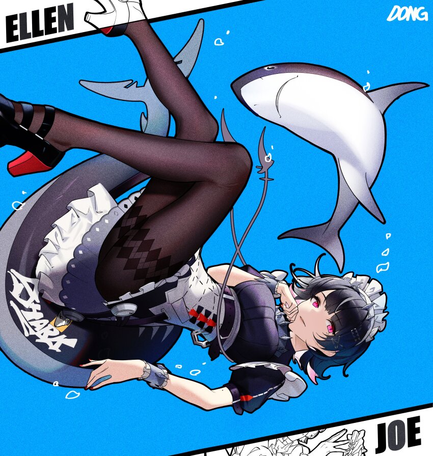 1girl absurdres black_hair black_pantyhose colored_inner_hair dong_(art_woodong) ellen_joe falling fingernails fins fish_tail hair_between_eyes hair_ornament hairclip highres looking_at_viewer maid maid_headdress multicolored_hair nail_polish pantyhose pink_hair red_eyes red_nails shark shark_girl shark_tail short_hair sidelocks simple_background solo sunlight tail two-tone_hair water zenless_zone_zero