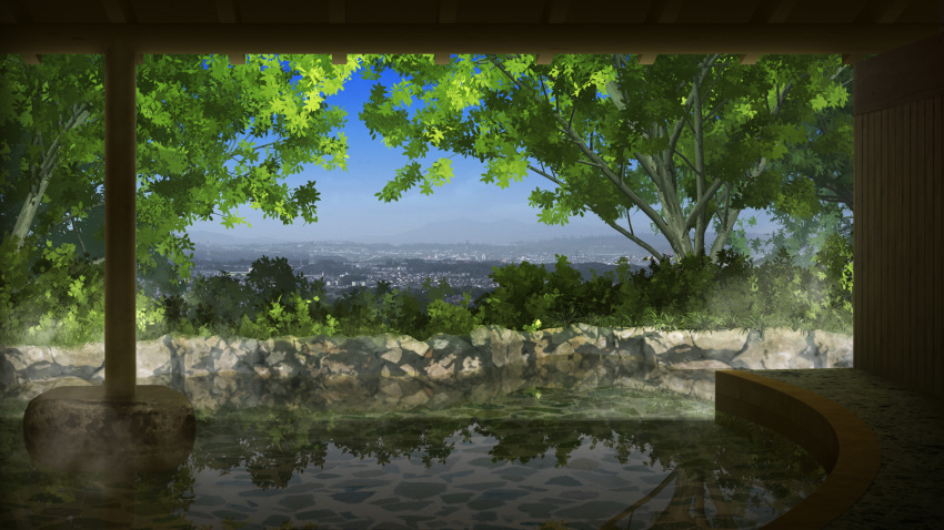 akai_ronii blue_sky cityscape commentary_request day grass highres mountain no_humans onsen original outdoors scenery sky steam tree water