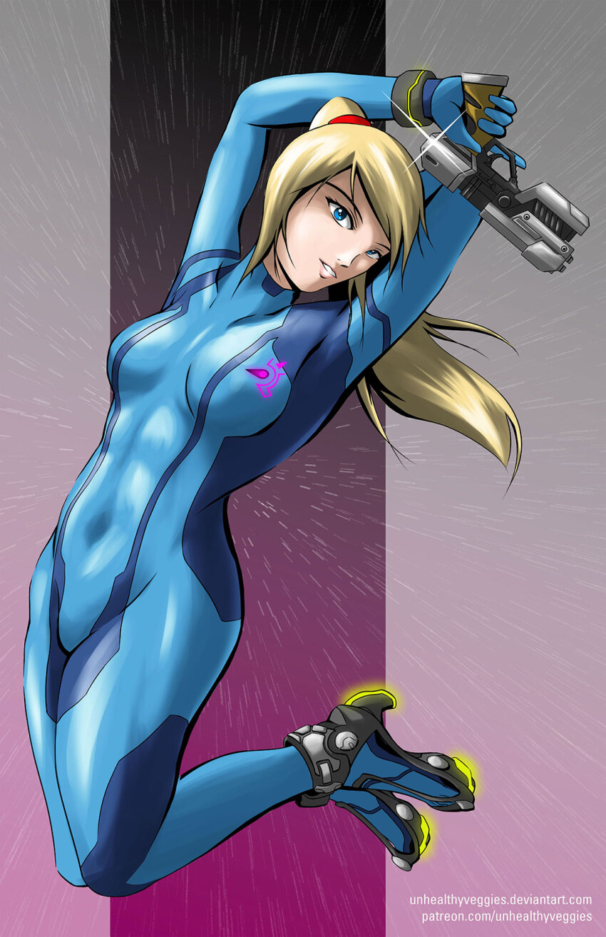 1girl arm_above_head arm_behind_head armpits artist_name blonde_hair blue_bodysuit blue_eyes bodysuit bracelet breasts collarbone covered_navel energy_gun eyelashes feet_up female_focus finger_on_trigger floating_hair full_body groin gun hair_between_eyes high_heels high_ponytail holding holding_gun holding_weapon jewelry jumping large_breasts legs_together long_hair looking_at_viewer metroid neck nintendo paralyzer parted_lips ponytail print_bodysuit ray_gun samus_aran sidelocks skin_tight smile super_smash_bros. swept_bangs turtleneck turtleneck_bodysuit two-tone_background weapon zero_suit