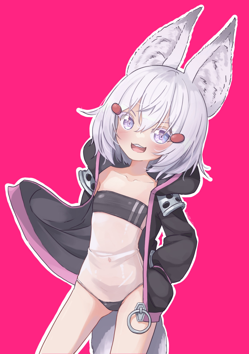 1girl :3 animal_ear_fluff animal_ears black_jacket fox_ears fox_girl fox_tail gris_swimsuit hair_ornament hairclip hands_in_pockets highres jacket kiirokuma looking_at_viewer meme_attire navel one-piece_swimsuit open_mouth phase_connect pink_eyes pink_hair purple_background see-through_clothes short_hair simple_background smile solo swimsuit swimsuit_under_clothes tail tenma_maemi thighs virtual_youtuber