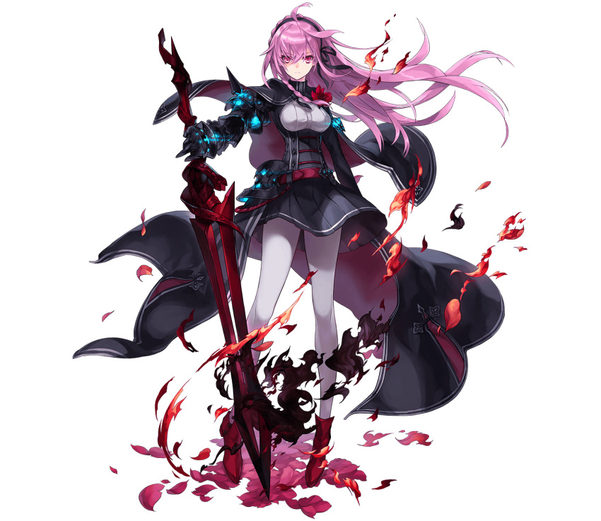 1girl armor belt black_hairband black_killers_(phantom_of_the_kill) breasts cape company_name da-kuro dark_persona fire flower full_body gauntlets glowing hair_ribbon hairband highres holding holding_sword holding_weapon long_hair medium_breasts official_art pantyhose phantom_of_the_kill pink_eyes pink_hair red_belt red_flower red_footwear ribbon shoes shoulder_spikes simple_background solo spikes sword transparent_background tyrfing_(phantom_of_the_kill) waist_cape weapon white_background white_pantyhose