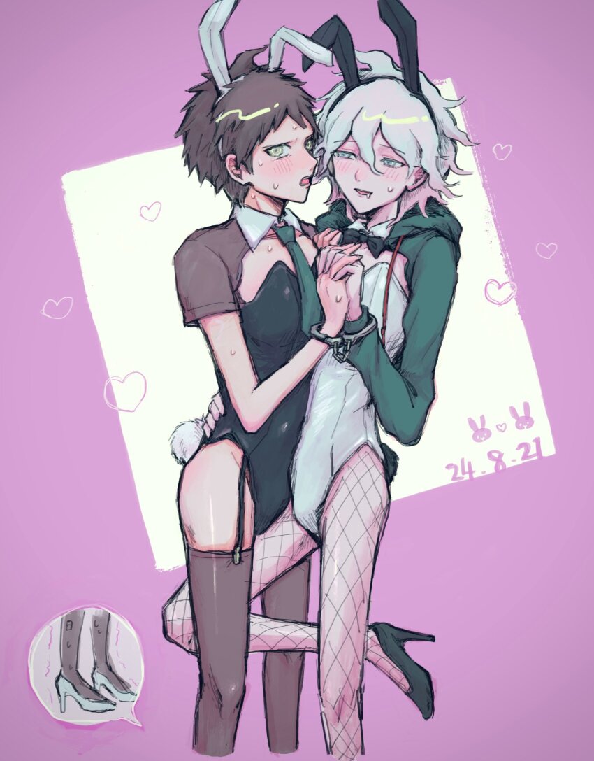 2boys ahoge animal_ears black_leotard brown_hair brown_thighhighs danganronpa_(series) danganronpa_2:_goodbye_despair dated fake_animal_ears fake_tail foot_out_of_frame garter_straps grey_hair grey_leotard heart high_heels highres hinata_hajime holding_hands knee_in_crotch komaeda_nagito leotard male_focus male_playboy_bunny multiple_boys onom_555 pink_background shoes short_hair tail thighhighs white_background yaoi