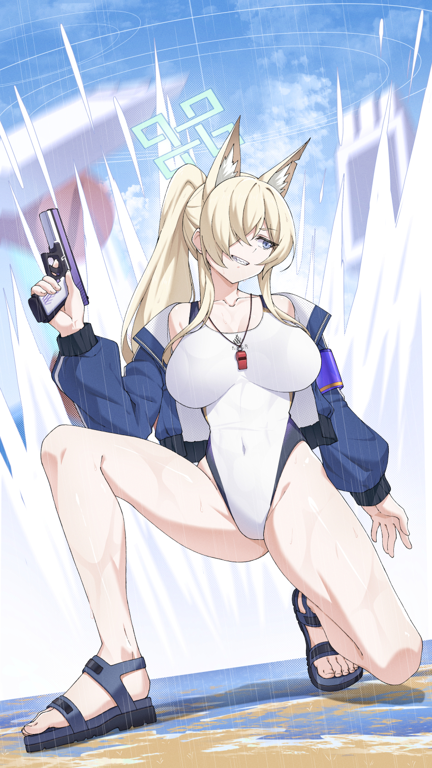 1girl absurdres animal_ears blonde_hair blue_archive blue_eyes blue_halo blue_jacket blue_sky breasts collarbone covered_navel dog_ears extra_ears finger_on_trigger full_body glock grin gun halo handgun highleg highleg_one-piece_swimsuit highres holding holding_gun holding_weapon jacket kanna_(blue_archive) kanna_(swimsuit)_(blue_archive) large_breasts mzrz off_shoulder official_alternate_costume on_one_knee one-piece_swimsuit one_eye_closed ponytail rain sandals sky smile solo splashing swimsuit weapon whistle whistle_around_neck white_one-piece_swimsuit