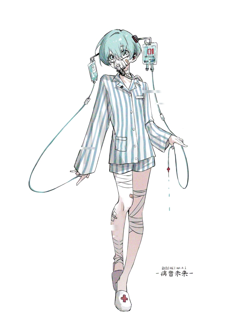 1girl absurdres alternate_costume alternate_hair_length alternate_hairstyle aqua_eyes aqua_hair bandaged_leg bandaged_neck bandages bandaid bandaid_on_face bandaid_on_leg buttons character_name earpiece expressionless full_body gauze gauze_on_leg hatsune_miku highres hospital_gown intravenous_drip lapels long_sleeves looking_at_viewer notched_lapels oxygen_mask pixie_cut pocket shirt short_hair short_shorts shorts simple_background slippers solo striped_clothes striped_shirt striped_shorts twitwiii vertical-striped_clothes vertical-striped_shirt vertical-striped_shorts very_short_hair vocaloid white_background white_footwear