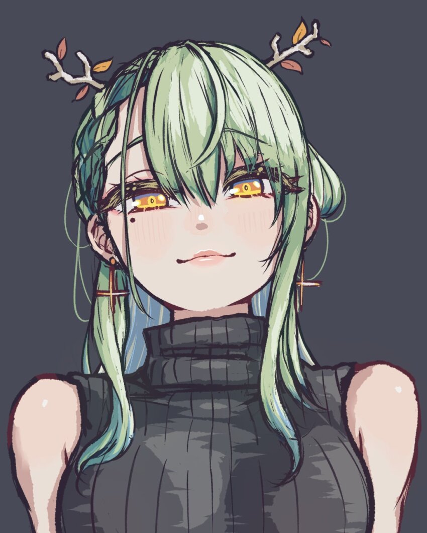 1girl antlers black_sweater braid braided_bangs ceres_fauna closed_mouth commentary cross cross_earrings earrings english_commentary green_hair highres hololive hololive_english horns jewelry looking_at_viewer mole mole_under_eye osakasa portrait simple_background single_braid sleeveless sleeveless_turtleneck smile solo sweater turtleneck turtleneck_sweater yellow_eyes