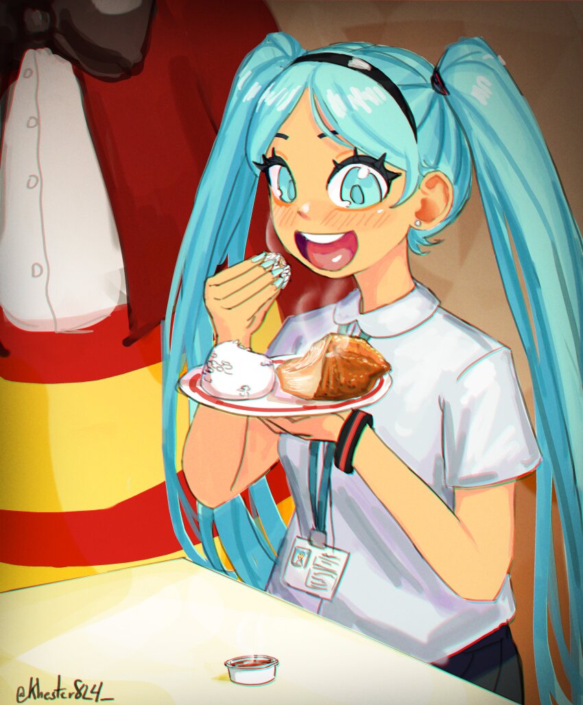 1girl absurdres alternate_costume aqua_eyes aqua_hair aqua_nails black_hairband black_shirt chicken_(food) eating food grey_shirt hairband hatsune_miku highres holding holding_plate id_card jollibee jollibee_(mascot) khester824 lanyard open_mouth plate rice shirt solo twintails vocaloid worldwide_miku