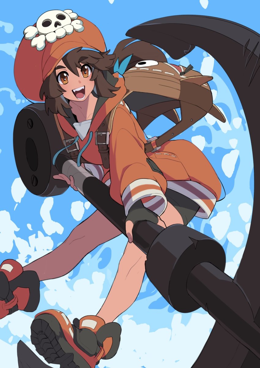 1girl azuumori black_gloves black_shorts brown_eyes brown_hair drawstring fingerless_gloves gloves guilty_gear hat highres hood hood_down hoodie long_hair long_sleeves may_(guilty_gear) open_mouth orange_hat orange_hoodie pirate_hat shoes shorts skull_and_crossbones smile solo